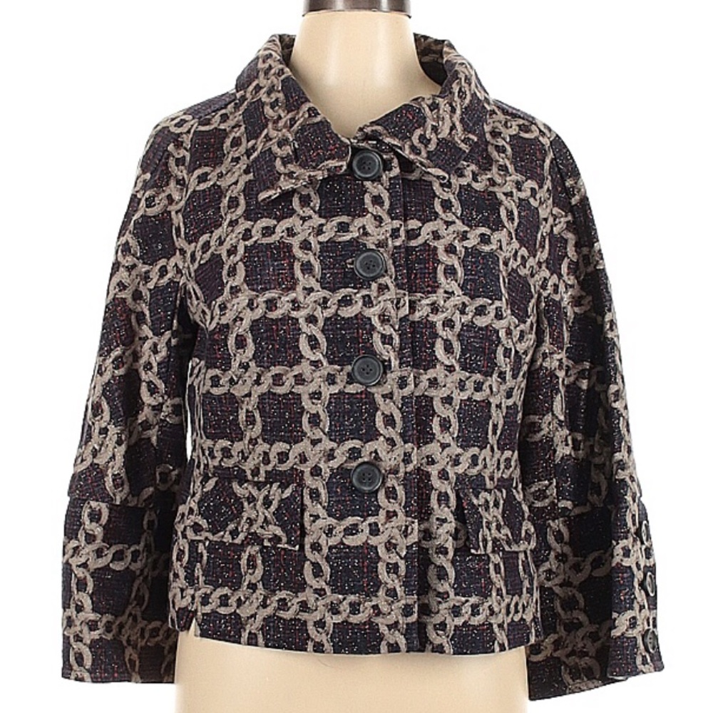 Eccoci Tweed Designer Inspired Cotton Linen Chain Print Blazer Jacket Sz 10